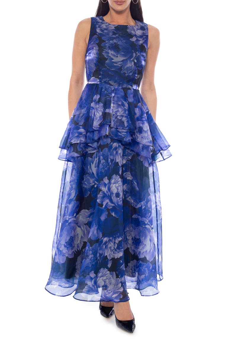 Sleeveless Print Organza Gown, Main, color, NAVY MULTI