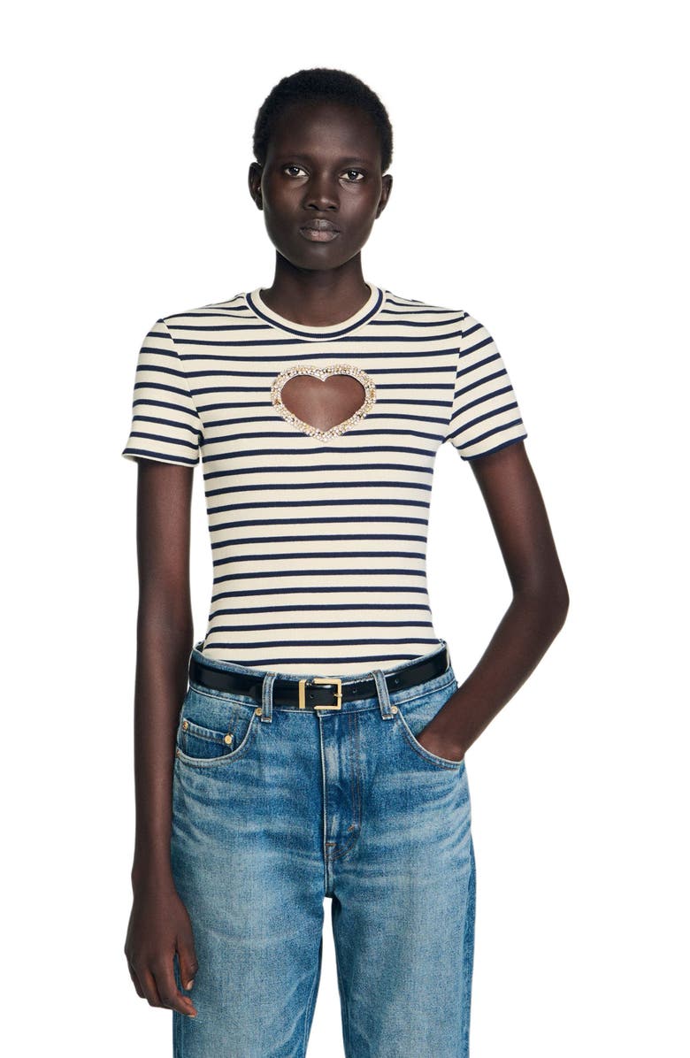 SANDRO Rhinestone heart T-shirt, Main, color, Ecru