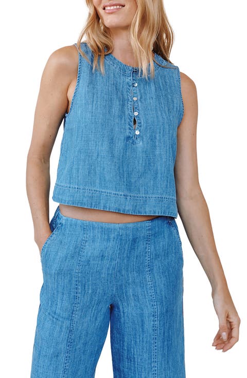 Sleeveless Half Placket Crop Denim Pullover