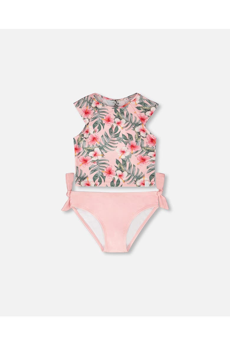 Two-Piece Short Sleeve Top Hibiscus Swimsuit, Main, color, Pink Hibiscus Print