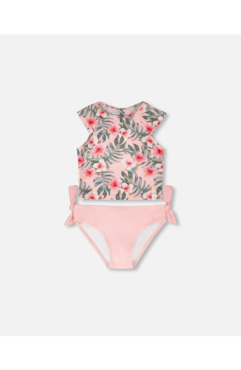 Deux par Deux Two-Piece Short Sleeve Top Hibiscus Swimsuit, Main, color, Pink Hibiscus Print