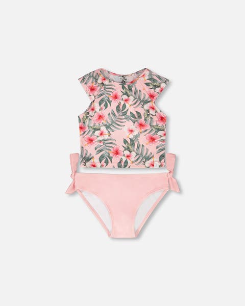 Two-Piece Short Sleeve Top Hibiscus Swimsuit (Toddler, Little Kid & Big Kid)