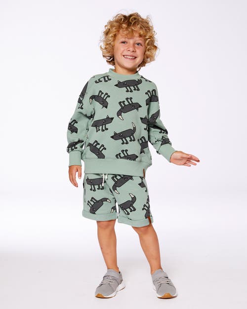 Deux Par Deux Boy's Printed Pullover French Terry Sweatshirt Gray Wolf On Teal Background In Gray Wolf On Teal Background