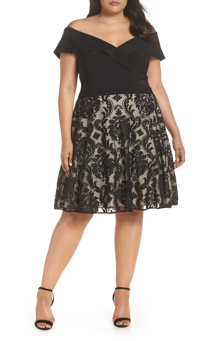 Xscape Evenings Xscape Off the Shoulder Embroidered Skirt Dress, Main, color,