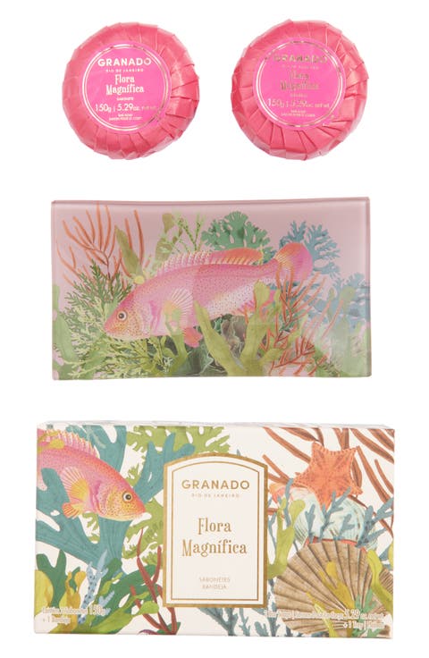 Flora Magnífica Bar Soap Duo & Glass Tray 3-Piece Gift Set