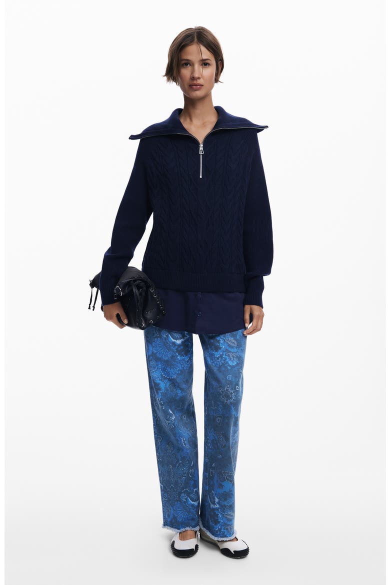 Mixed Media Oversize Cable Half Zip Sweater, Alternate, color, NAVY BLUE