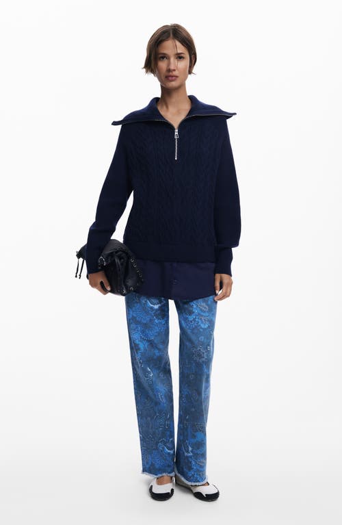 Desigual Mixed Media Oversize Cable Half Zip Sweater In Blue