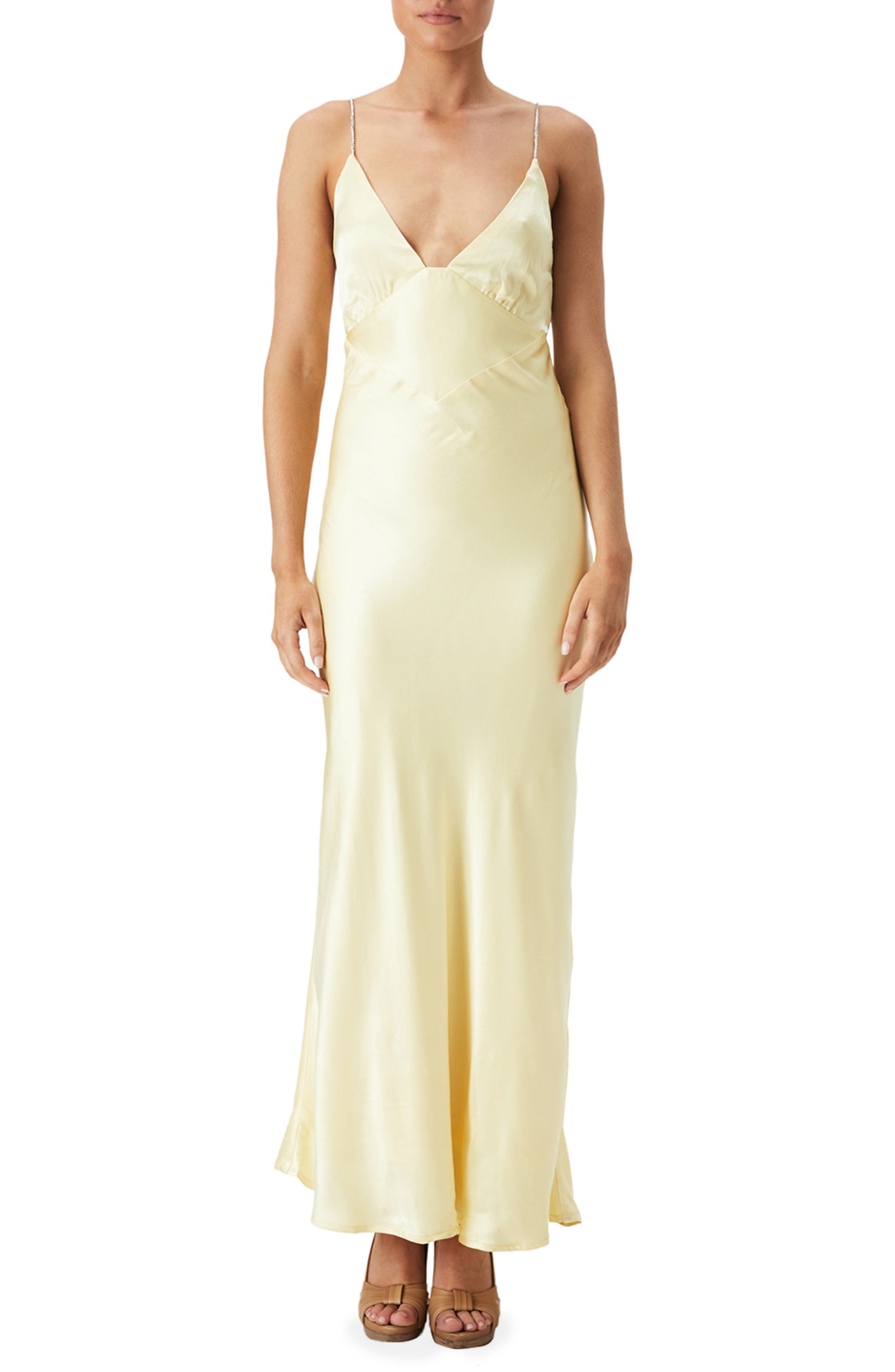 Bardot Capri Diamanté Strap Satin Slip Dress in Canary Yellow at Nordstrom, Size 12