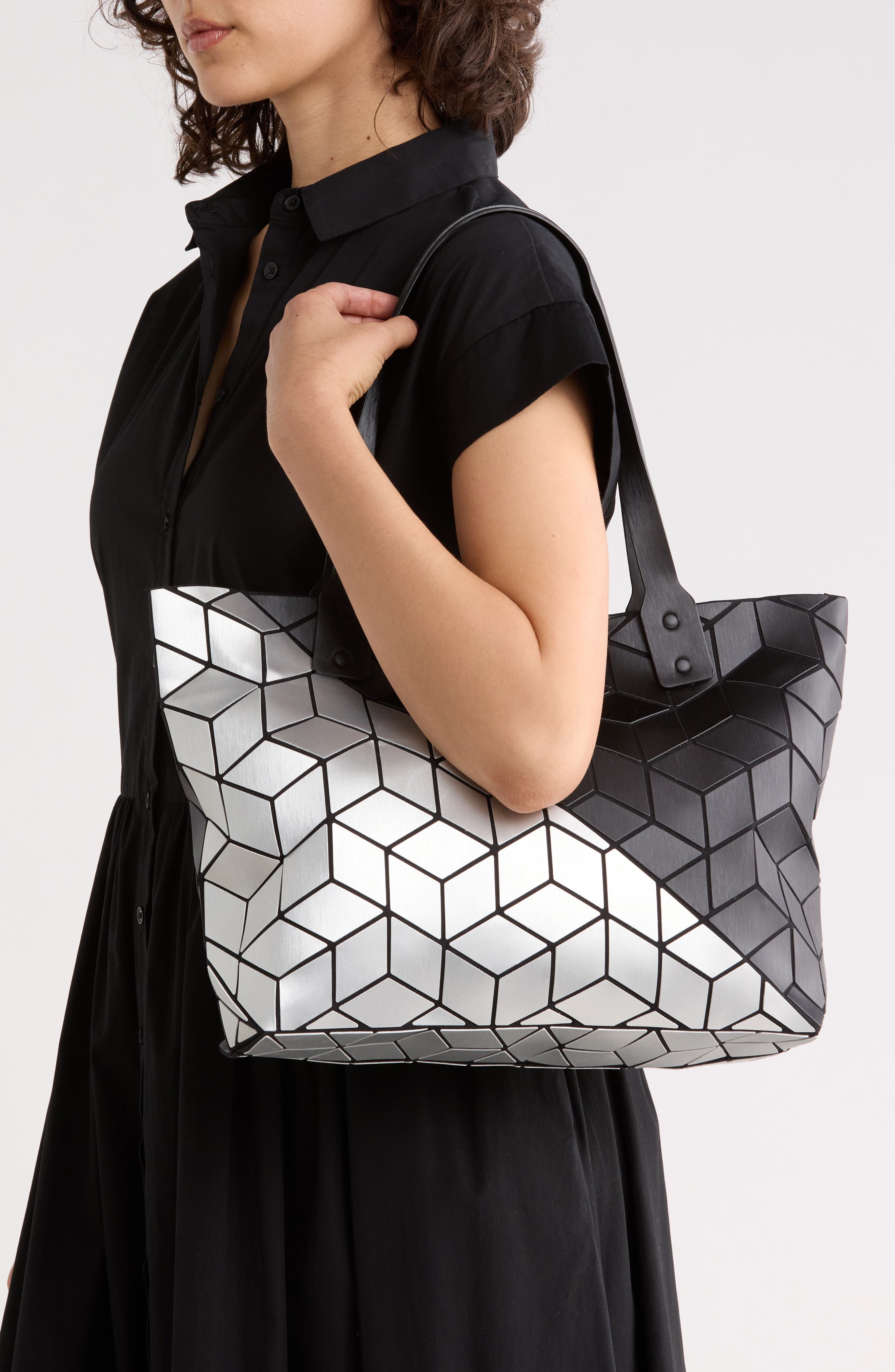 Diagonal Two-Tone Geometric Tote Bag, Alternate, color, M.BLACK/ SILVER