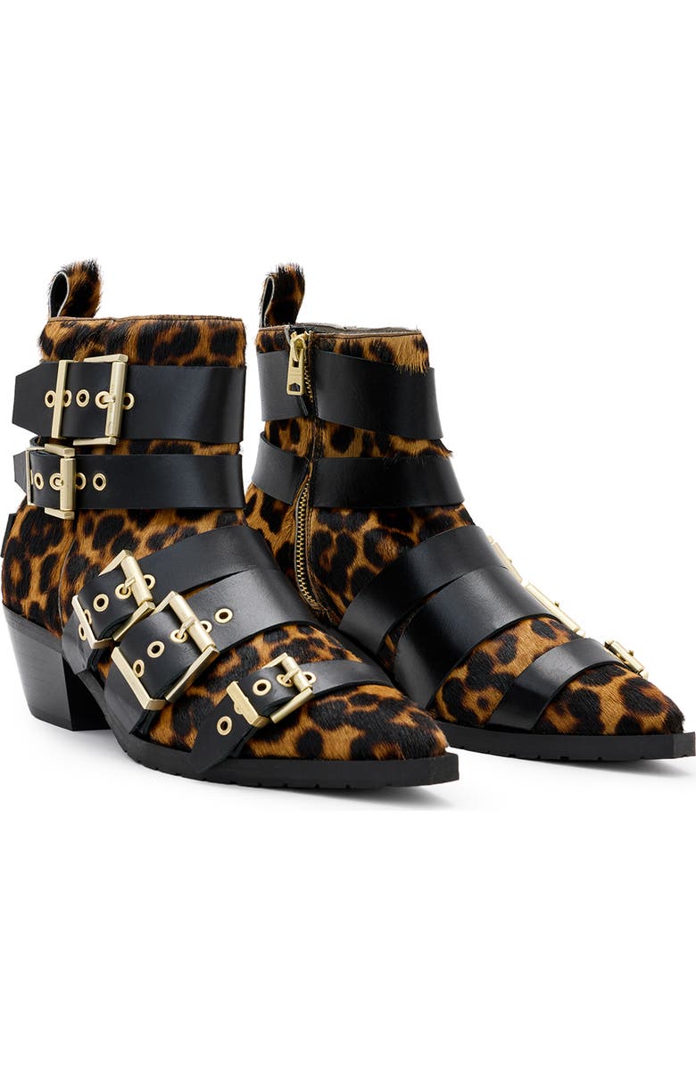 AllSaints Jane Buckle Bootie, Main, color, Leopard Brown/ Black Calf Hair