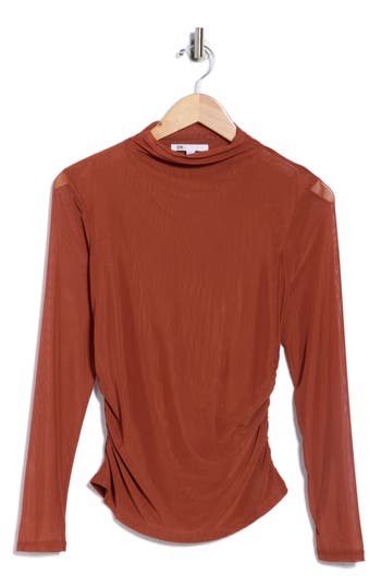 Dr2 By Daniel Rainn Long Sleeve Mesh Mock Neck Top In Brown
