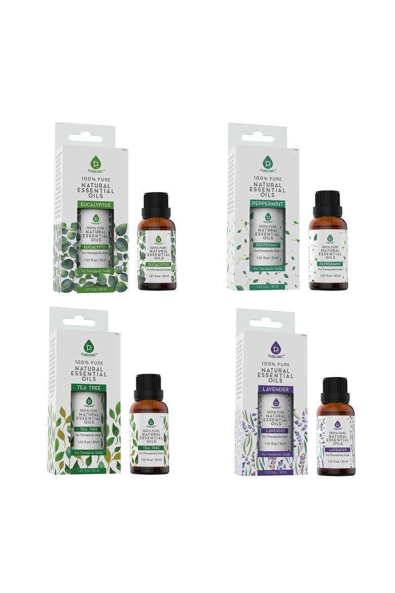 4-Pack Essential Oils: Eucalyptus, Lavender & Tea Tree, Main, color, Black
