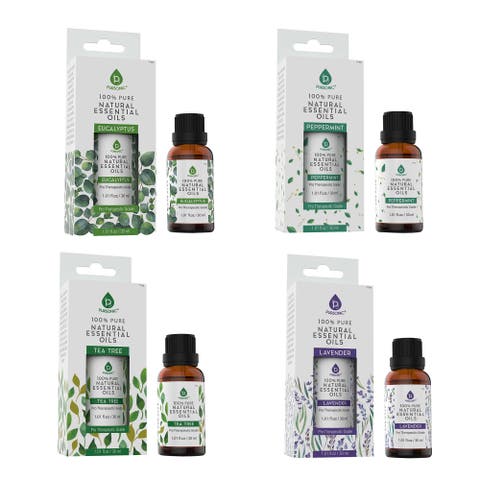 4-Pack Pure & Natural Essential Oils Collection Eucalyptus, Lavender, Tea Tree, and Peppermint