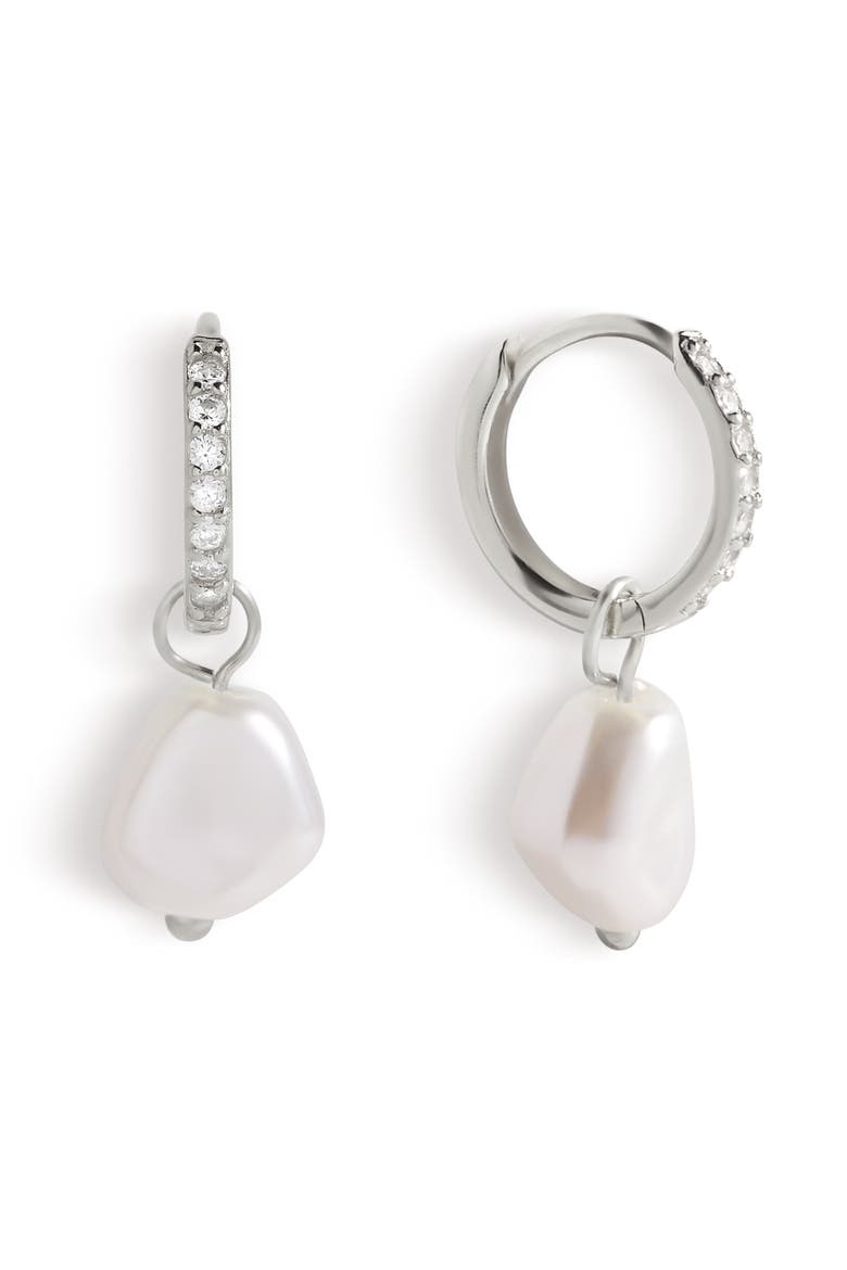 Freshwater Pearl Drop Pave Huggie Earrings, Main, color, 925 Sterling Silver