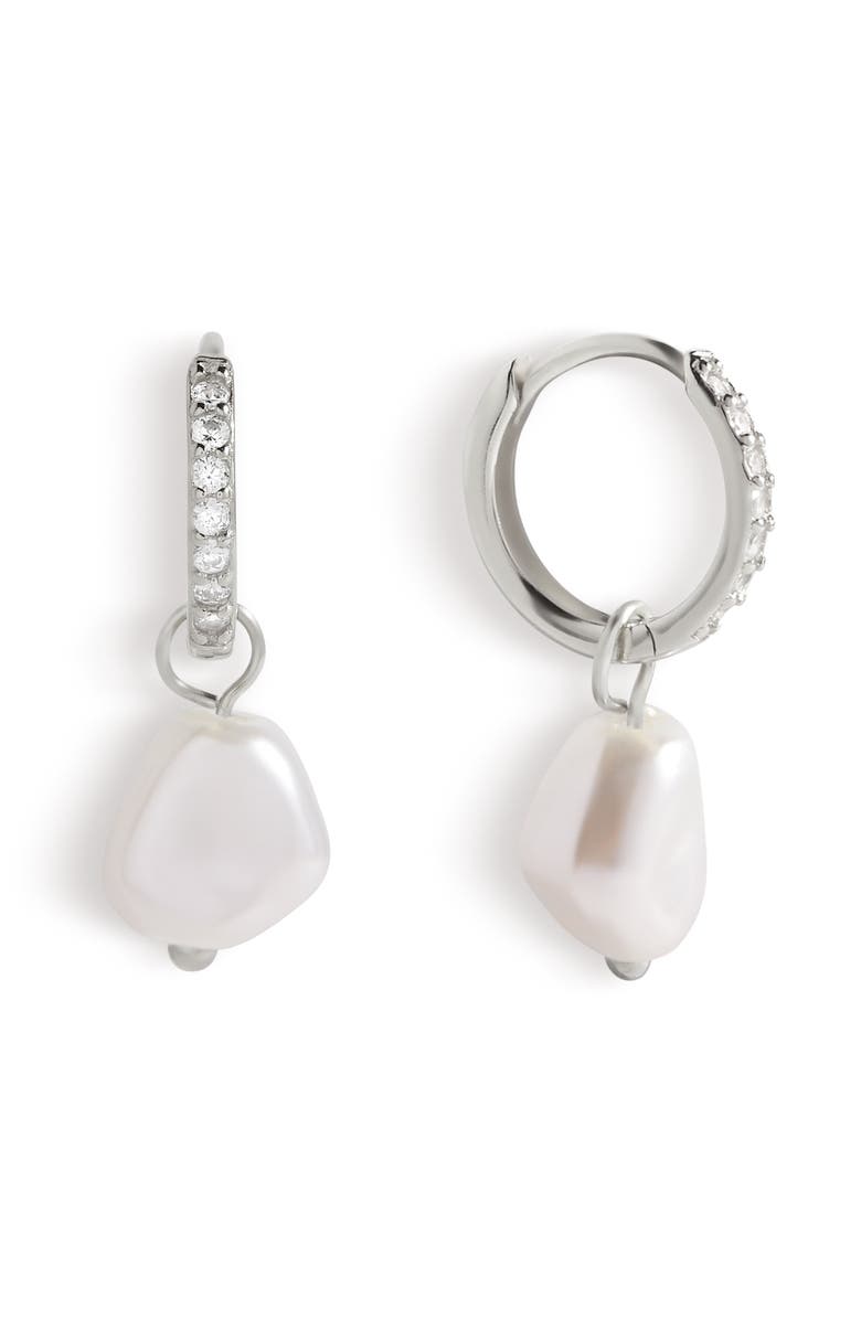 Mint & Lily Freshwater Pearl Drop Pave Huggie Earrings, Main, color, 925 Sterling Silver