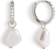 Mint & Lily Freshwater Pearl Drop Pave Huggie Earrings