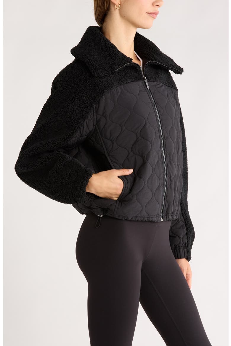 Faux Shearling & Quilted Nylon Hybrid Jacket, Alternate, color, BLACK