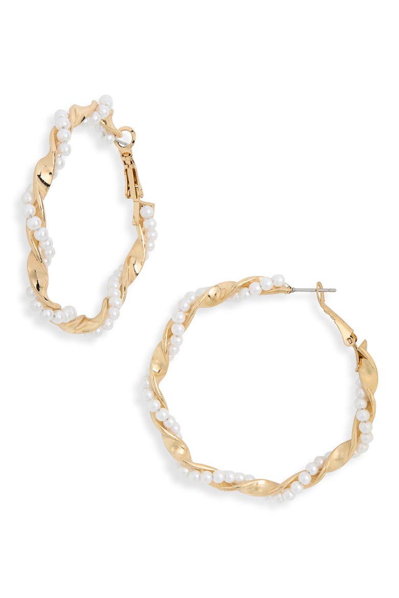 Faux Pearl Twisted Hoop Earrings, Main, color, GOLD