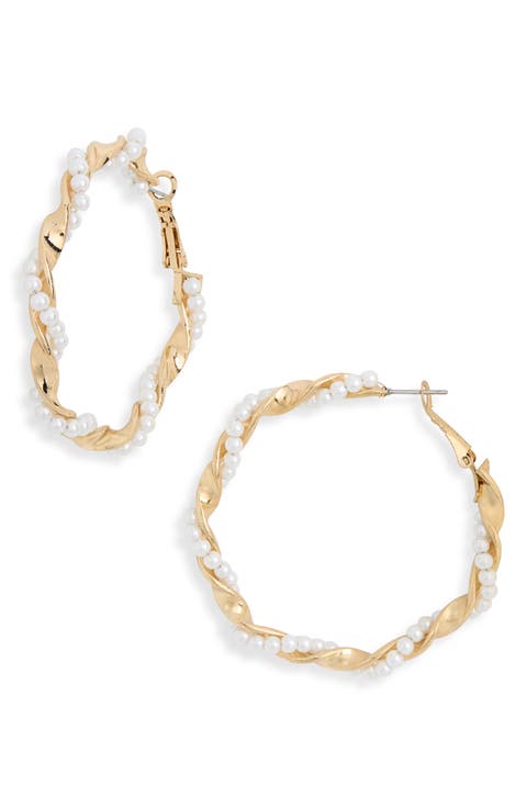 Faux Pearl Twisted Hoop Earrings