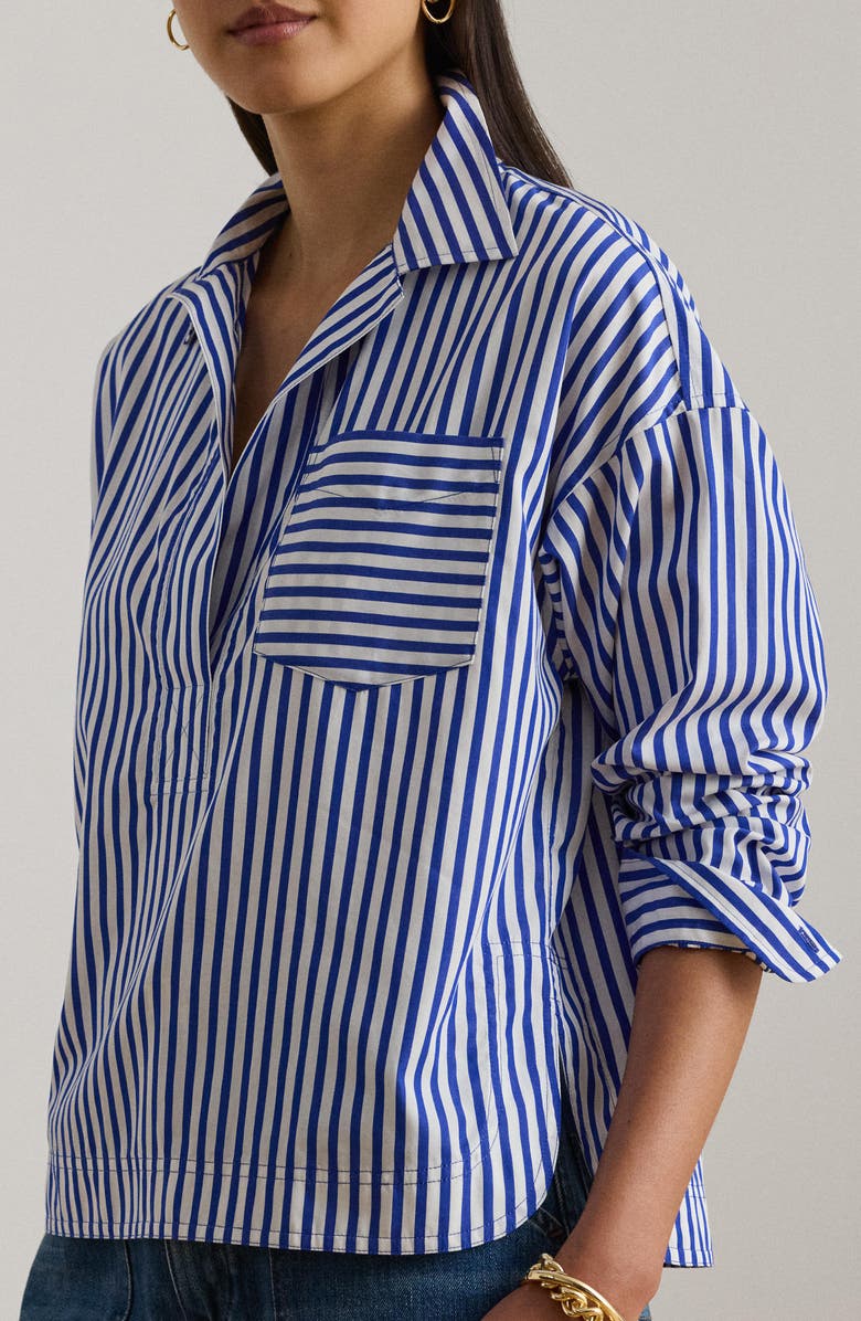 Lauren Ralph Lauren Satchee Stripe Cotton Popover Blouse, Alternate, color, Blue/ White Multi