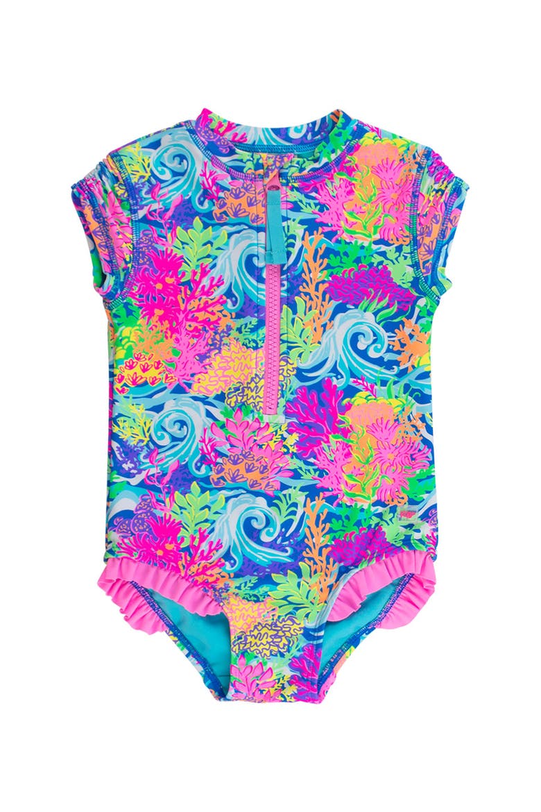 Girls Short Sleeve UPF50+ One Piece Rash Guard, Main, color, Neon Ocean Coral