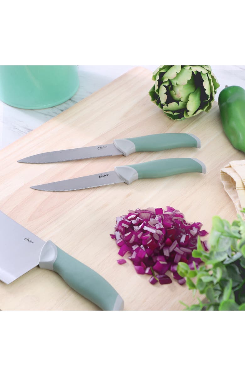 OSTER Linbergh 14 Piece Stainless Steel Cutlery and Cutting Board Set with Soft-Grip Handles, Alternate, color, Green