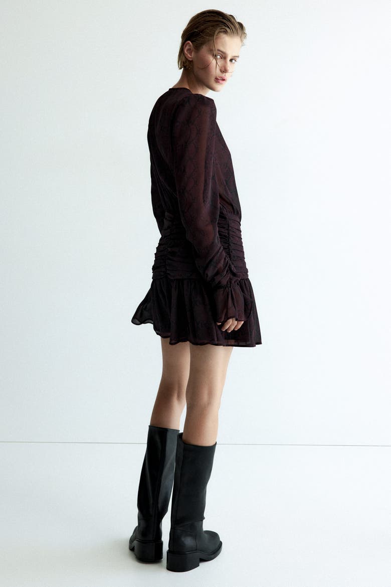 Ruched Chiffon Dress, Alternate, color, Dark brown/patterned
