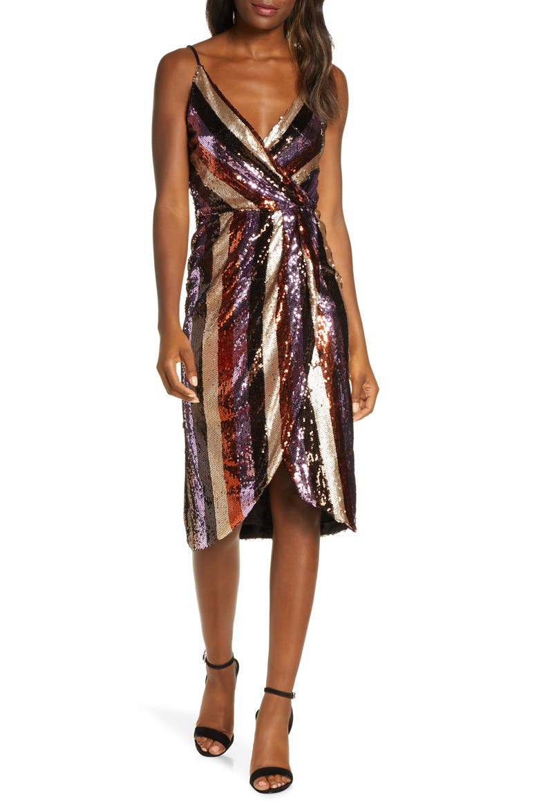 Striped Sequin Faux Wrap Dress, Main, color, LILAC/ BROWN