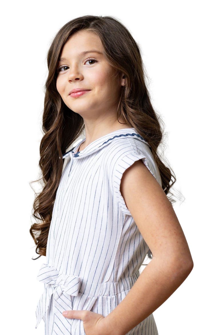 Girls' Linen Collared Button Front Romper, Kids, Alternate, color, White Court Pinstripe