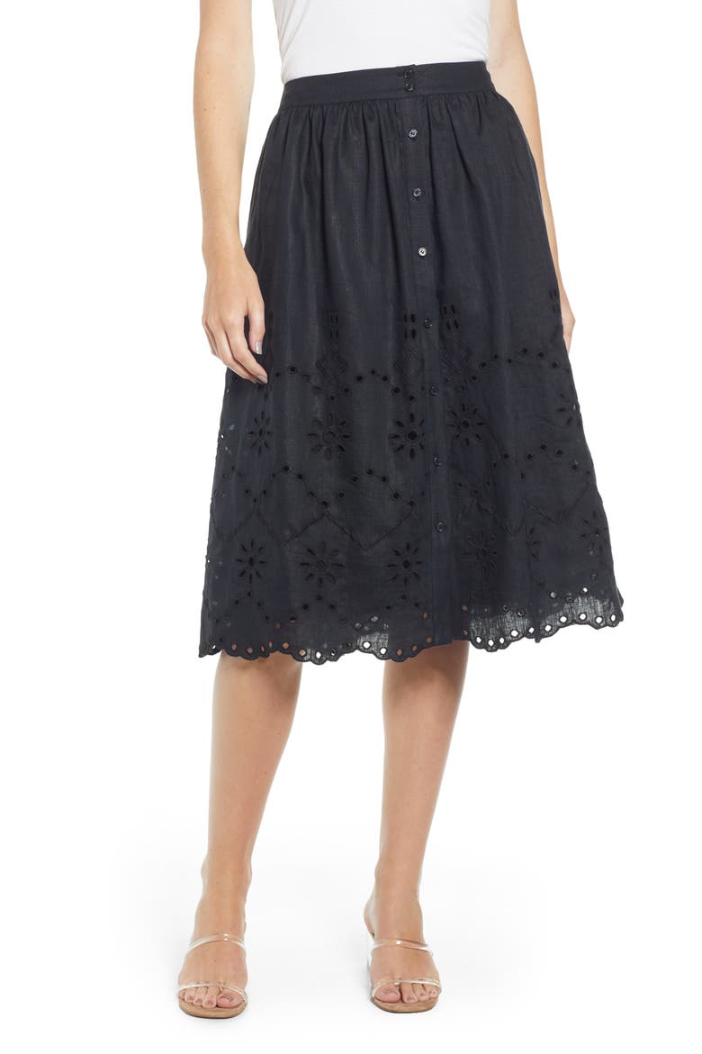 Eyelet Linen A-Line Skirt, Main, color, BLACK