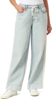 Kensie High Rise Drawstring Stripe Wide Leg Jeans