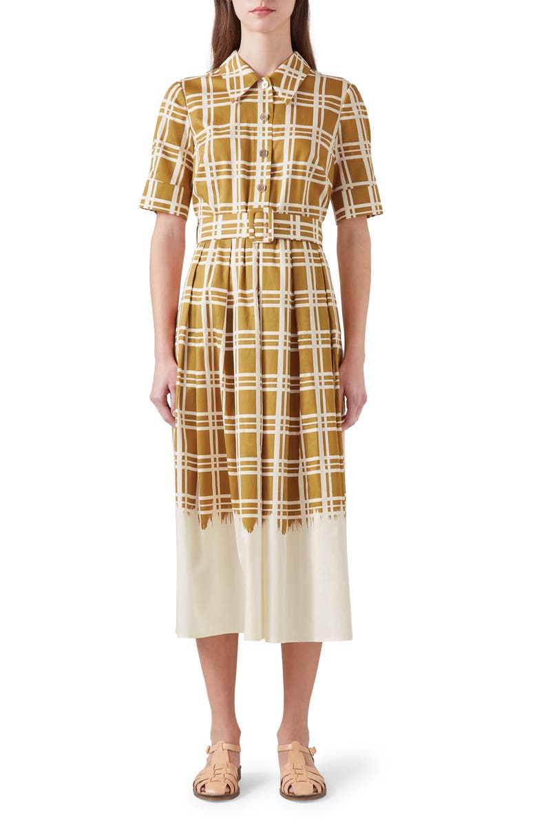 LK Bennett Dora Plaid Dip Dye Cotton Midi Shirtdress, Main, color, 