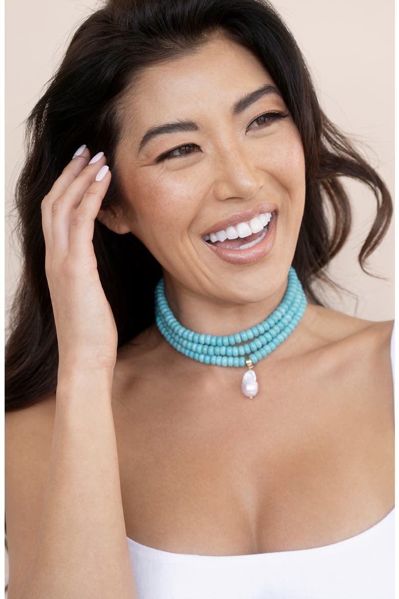 Triple Strand Turquoise & Freshwater Pearl Pendant Necklace, Alternate, color, TURQUOISE