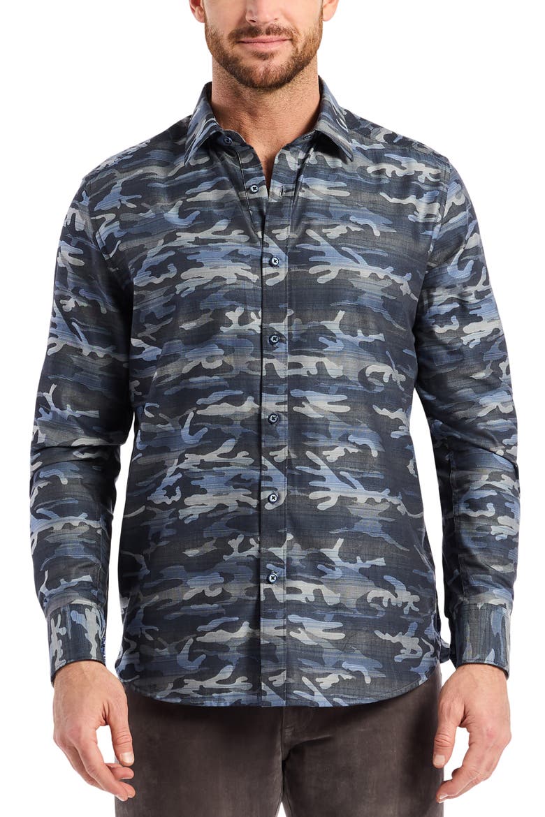 Harrington Camouflage Button-Up Shirt, Main, color, NAVY