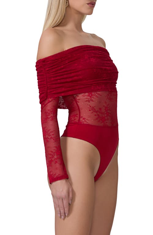AFRM AFRM LENNOX RUCHED OFF THE SHOULDER LACE BODYSUIT