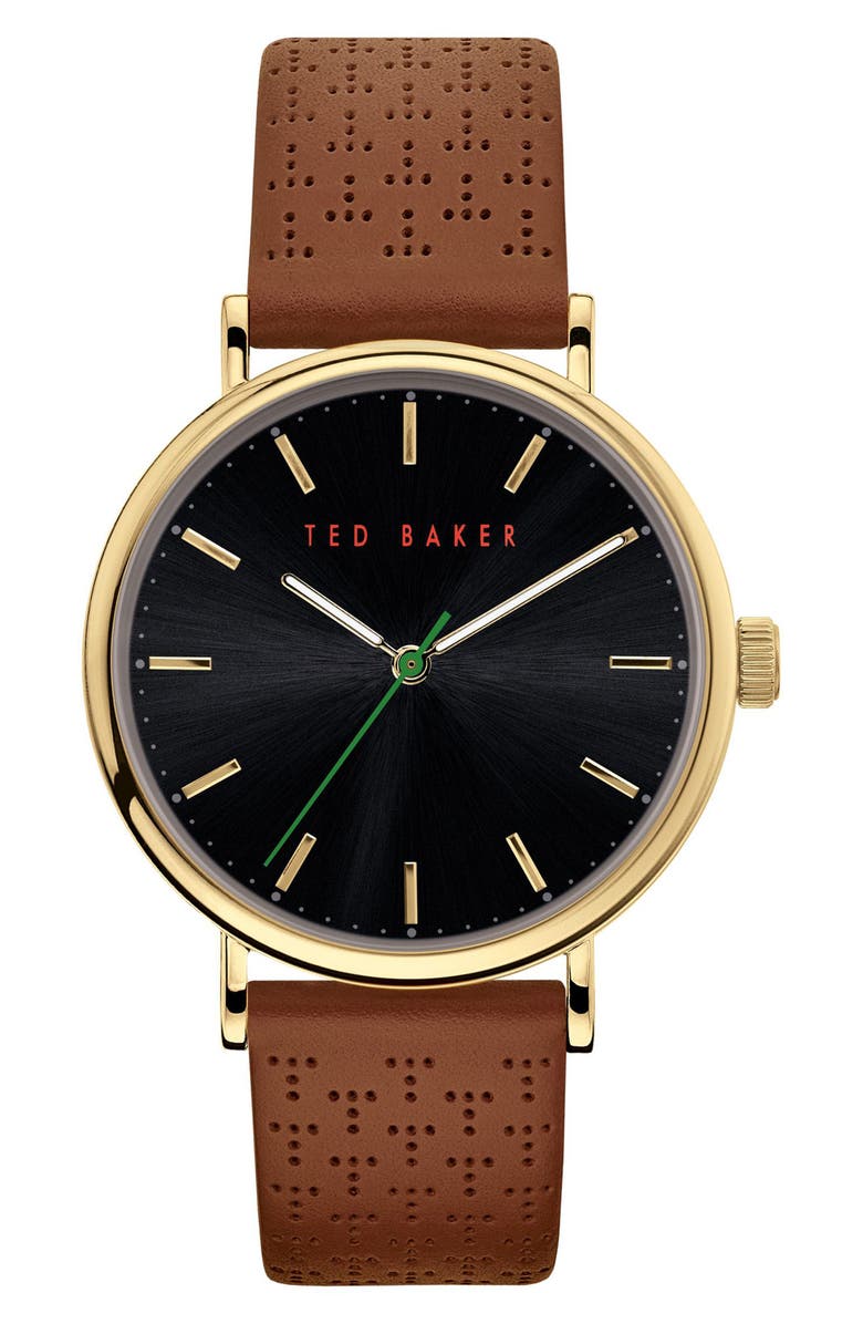 Ted Baker Three Hand Quartz Leather Strap Watch, Main, color, Brown