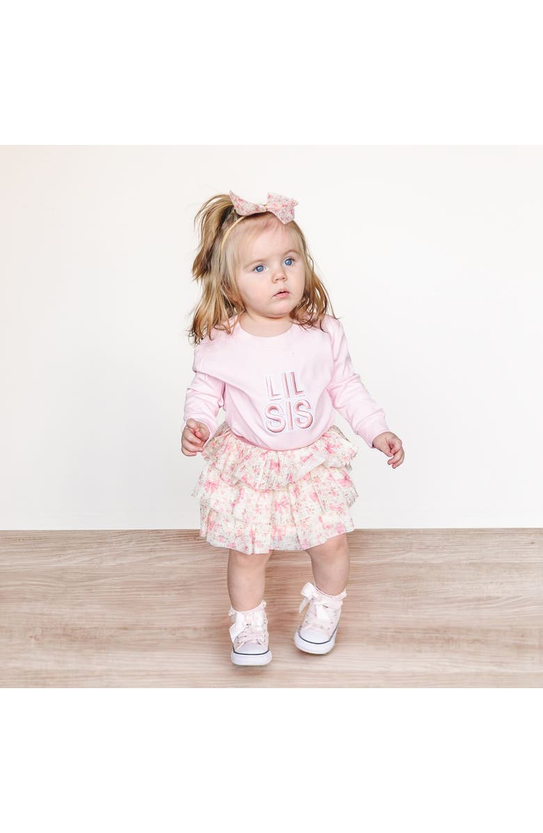 Sweet Wink Lil Sis Embroidered Patch Long Sleeve Romper, Alternate, color, Ballet Pink