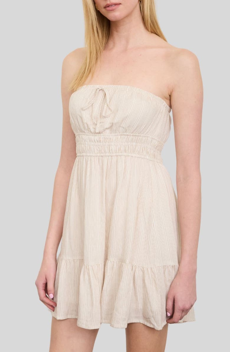 Blu Pepper Stripe Ruffled Hem Strapless Dress, Alternate, color, Light Khaki