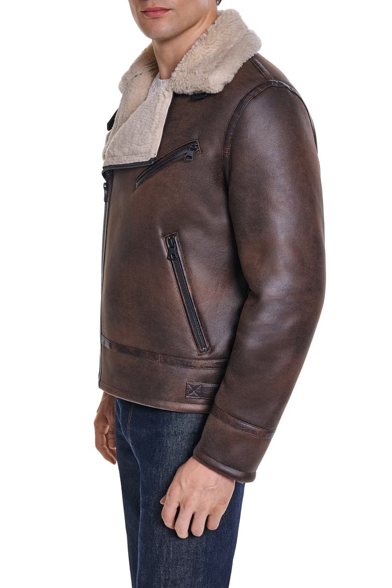 Asymmetrical Faux Leather Moto Jacket with Faux Shearling Lining, Alternate, color, BROWN