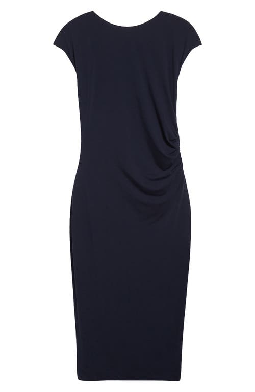 Emporio Armani Ruched Sheath Dress In Solid Blue Navy