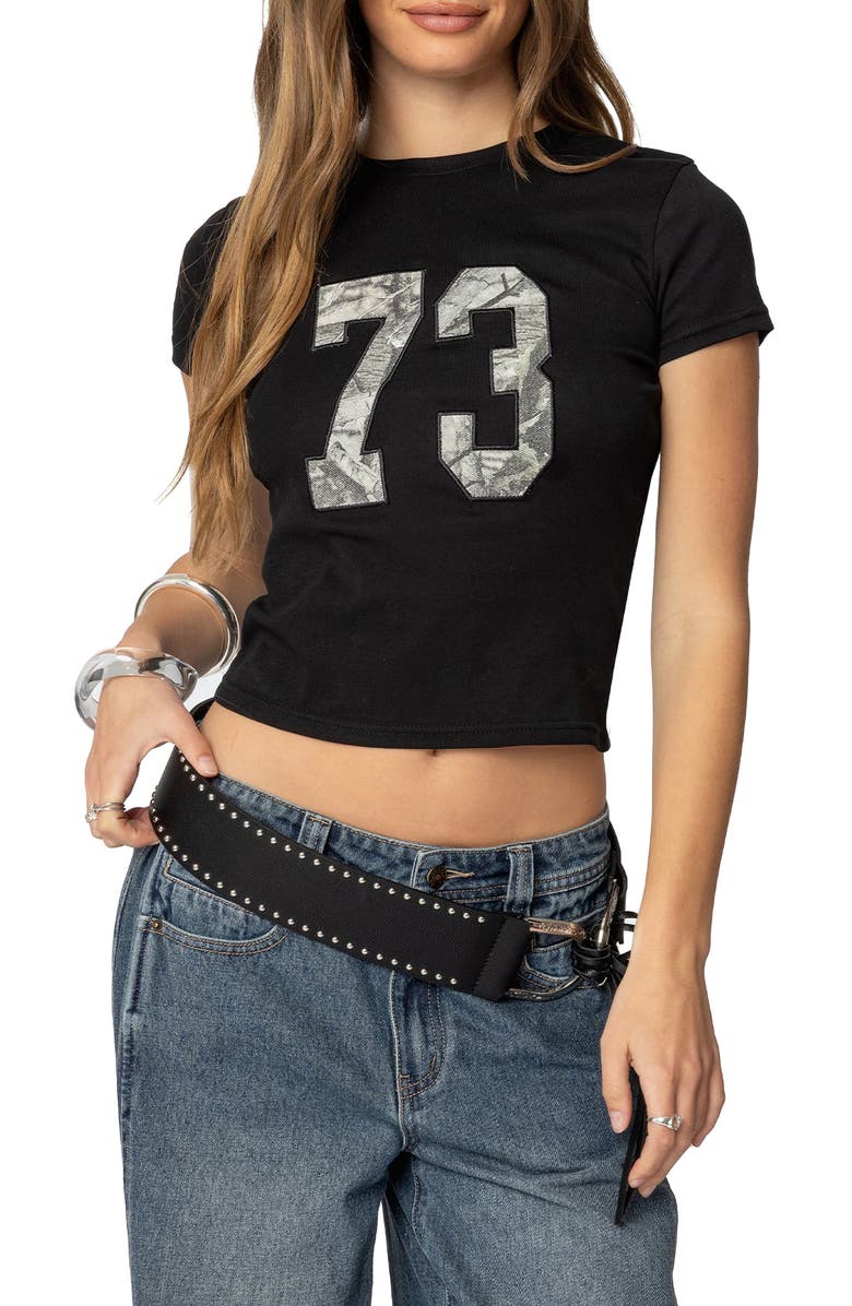 EDIKTED 73 Camo Shrunken T-Shirt, Main, color, Black