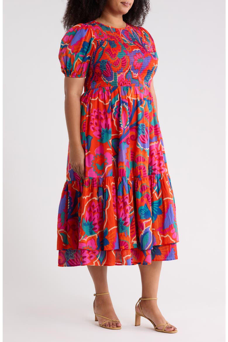 Kahlia Tropics Aruba Smocked Midi Dress, Alternate, color, RED-MULTI