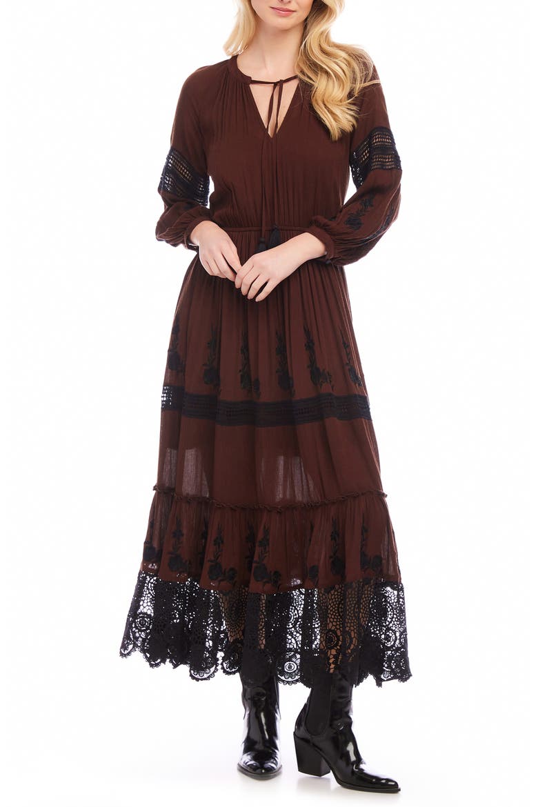 Long Sleeve Embroidered Lace Maxi Dress, Alternate, color, BROWN WITH BLACK