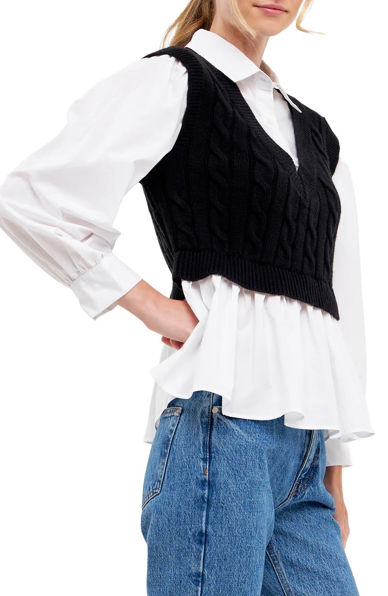 English Factory Cable Knit Mixed Media Top, Alternate, color,