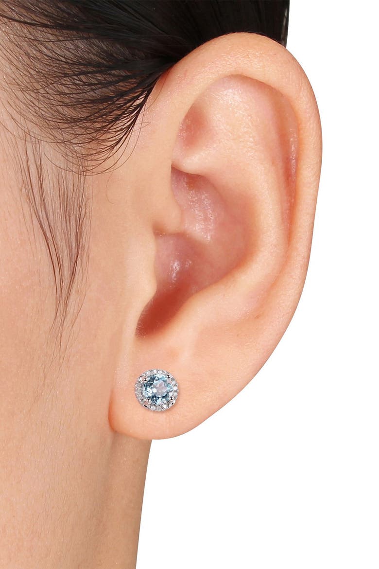 Sterling Silver Aquamarine & Diamond Halo Stud Earrings - 0.07ct., Alternate, color, BLUE