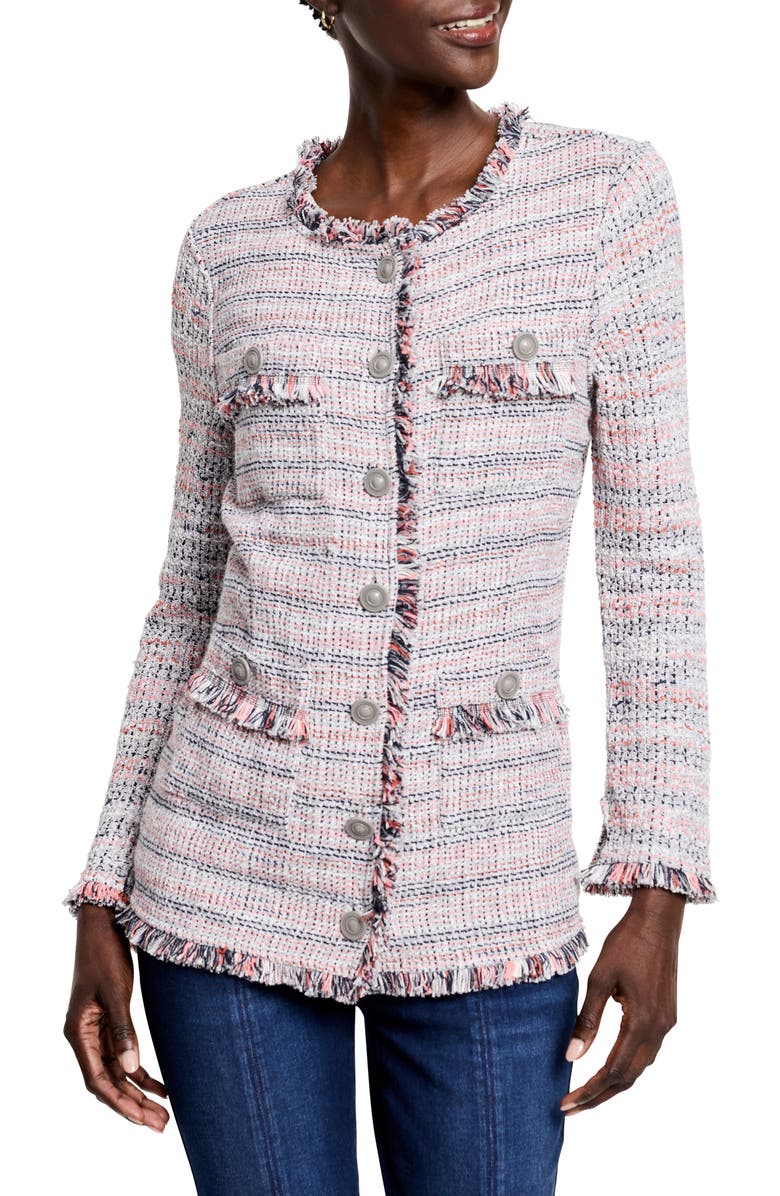 NIC+ZOE Plaid Fringe Cotton Blend Jacket, Main, color, Pink Multi