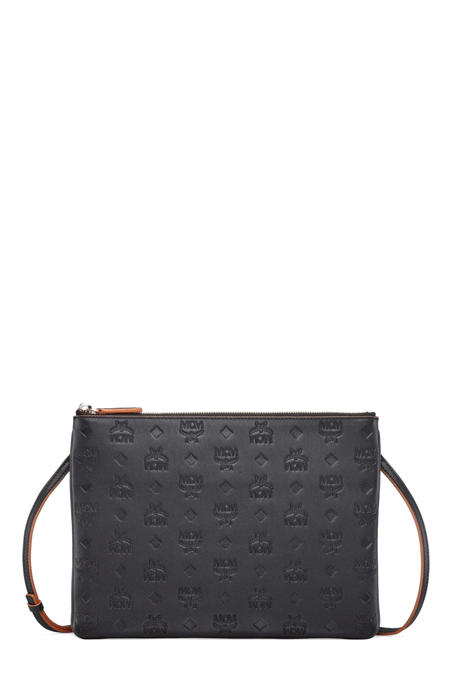 MCM Aren Crossbody Pouch in Monogram Leather, Main, color, Black