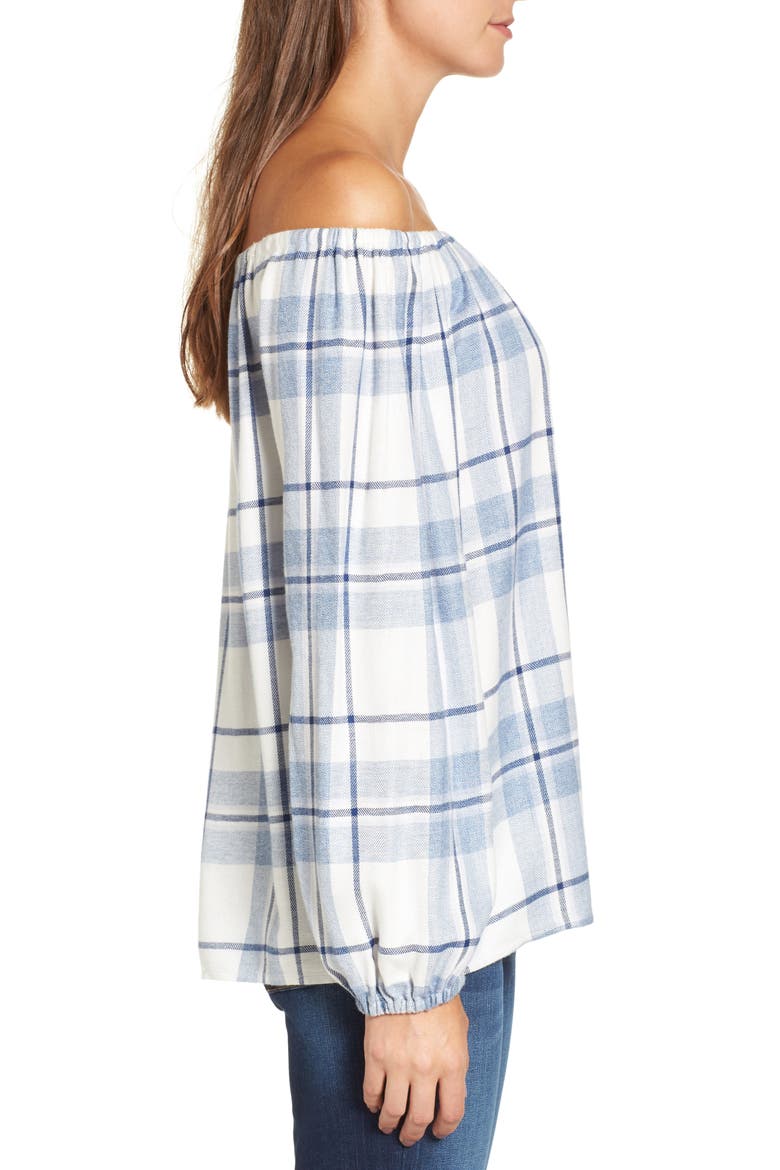 Off the Shoulder Plaid Blouse, Alternate, color, BLUE NIGHT