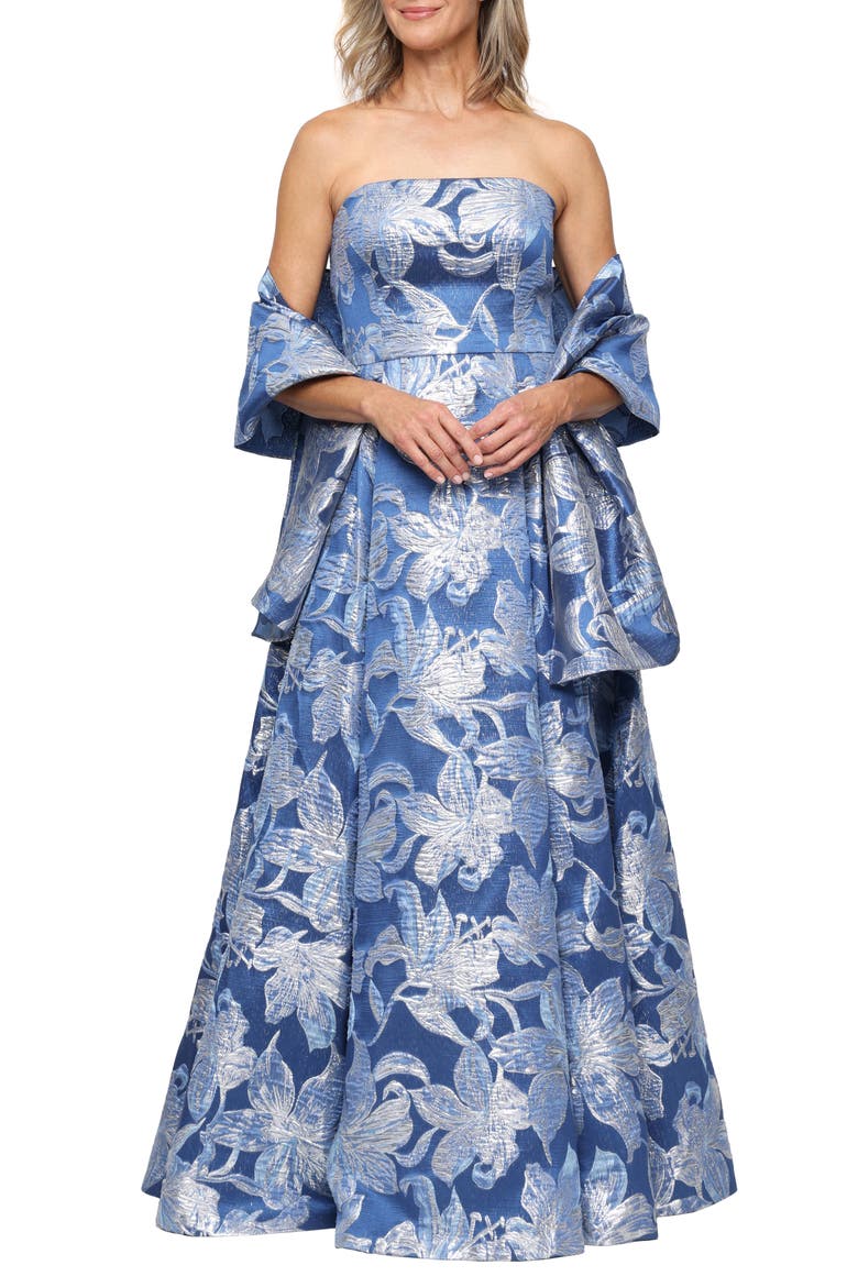 Strapless Floral Jacquard Gown, Main, color, BRUSHED PERIWINKLE