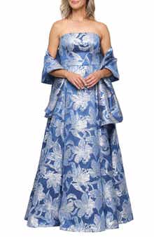 Strapless Floral Jacquard Gown